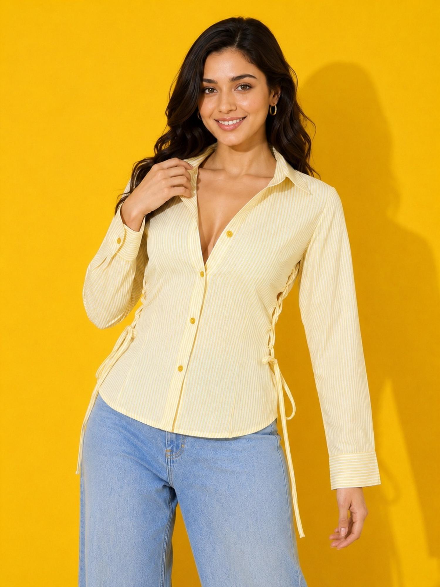 buynewtrend Yellow Pinstripe Lace-Up Side Detail Long-Sleeve Shirt-picture-7