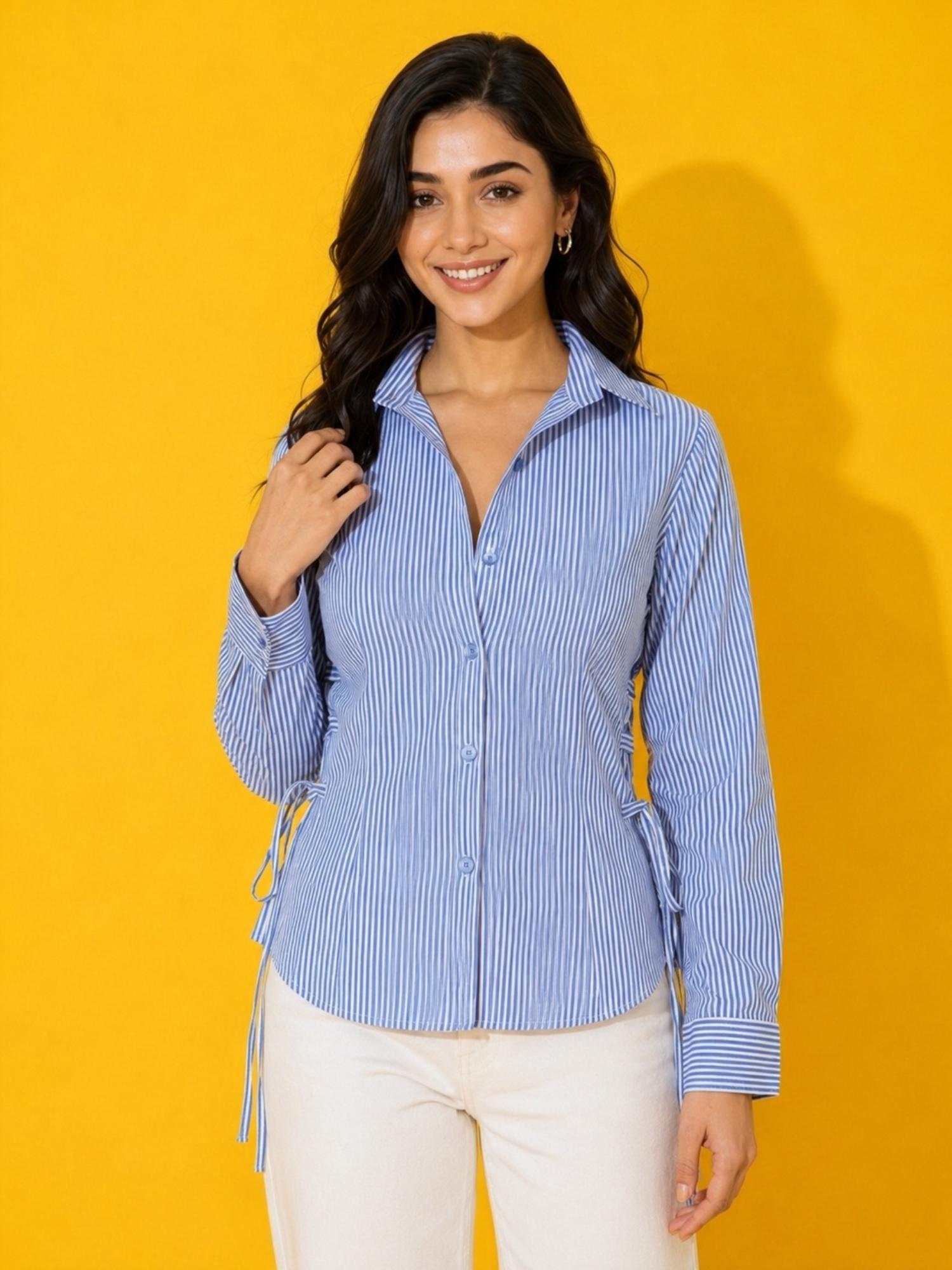 buynewtrend Blue Pinstripe Lace-Up Side Detail Long-Sleeve Shirt-picture-5