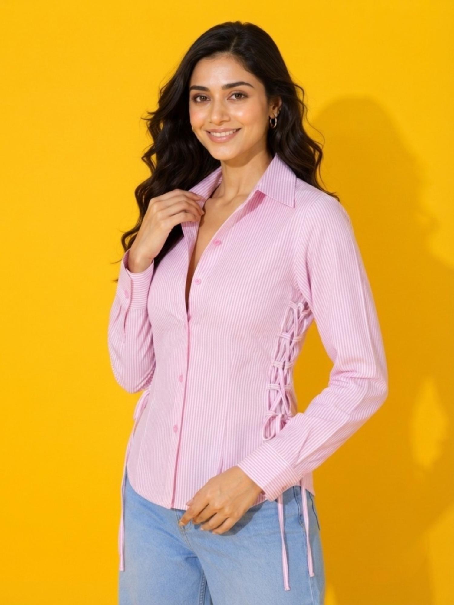 buynewtrend Pink Pinstripe Lace-Up Side Detail Long-Sleeve Shirt-picture-4