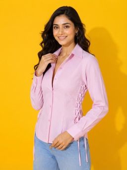 Buynewtrend - Pink Pinstripe Lace-Up Side Detail Long-Sleeve Shirt