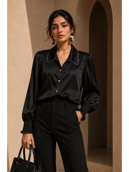 Sheczzar - Black Satin Chain Detail Solid Shirt