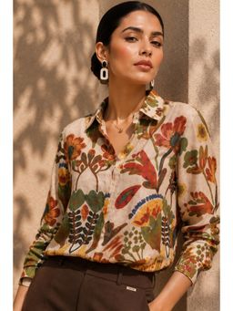 Sheczzar - Beige Linen Floral Print Shirt