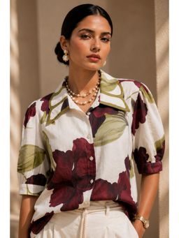 Sheczzar - Ivory Cotton Floral Print Shirt