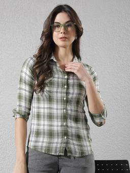 CRIMSOUNE CLUB - Green Lyocell Checks Print Shirt