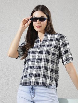 CRIMSOUNE CLUB - Navy Blue Cotton Blend Checks Print Shirt