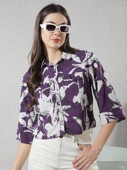 CRIMSOUNE CLUB - Purple Viscose Floral Print Shirt
