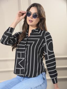 CRIMSOUNE CLUB - Black Polyester Self Design Print Shirt