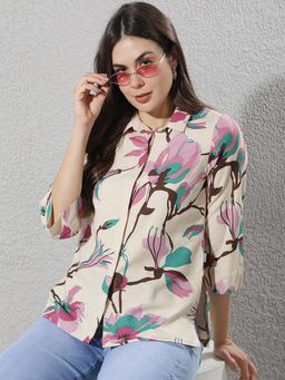 CRIMSOUNE CLUB - Pink Cotton Blend Floral Print Shirt