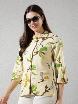 CRIMSOUNE CLUB - Mustard Cotton Blend Floral Print Shirt