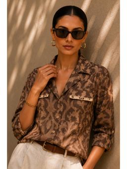Sheczzar - Brown Linen Printed with Lace Pocket Detailing Shirt