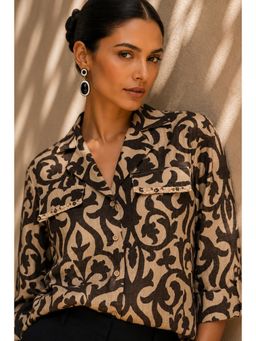 Sheczzar - Black Linen Printed with Lace Pocket Detailing Shirt