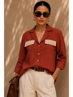 Sheczzar - Rust Linen with Pocket Lace Deatail Solid Shirt