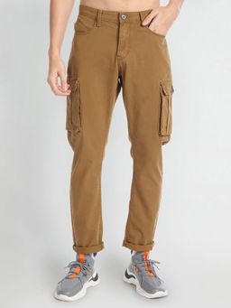 Flying Machine - Mid Rise Solid Cargo Jeans- Brown