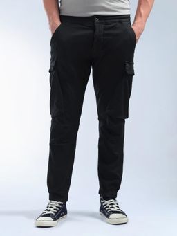 Flying Machine - Solid Relaxed Fit Knitted Joggers- Black