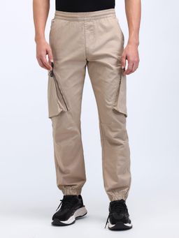 Flying Machine - Jogger Fit Solid Cargo Trousers- Brown