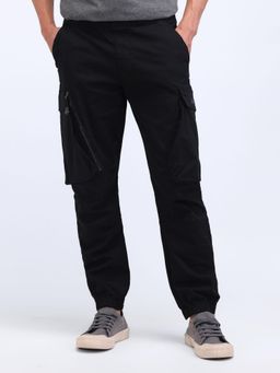 Flying Machine - Jogger Fit Solid Cargo Trousers- Black