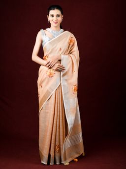 EXCLUSIVA - Orange Linen Saree Embroidery and Thread Work with Unstitched Blouse
