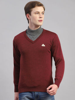 Monte Carlo - Maroon Mix Woven V-Neck Sweater