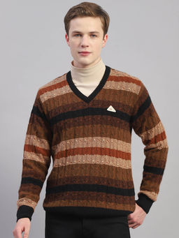 Monte Carlo - Brown Color Striped V-Neck Sweater