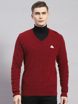 Monte Carlo - Maroon Mix Woven V-Neck Sweater