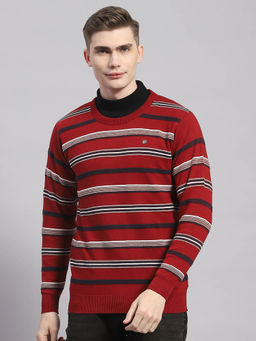 Monte Carlo - Maroon Striped Round Neck Sweater