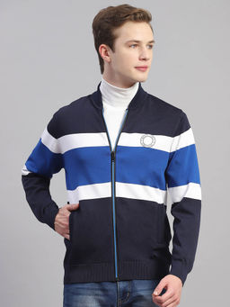 Monte Carlo - Navy Striped Mandarin Collar Sweater