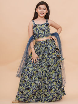 PICCOLO - Printed Cotton Lehenga and Blouse with Net Dupatta Blue (Set of 3)