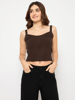 Madame - Sleeveless Solid Coffee Brown Sweater