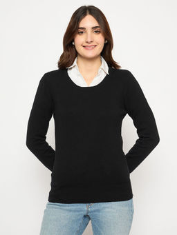 Madame - Round Neck Ribbed Cuff Black Sweater