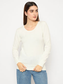 Madame - Round Neck Ribbed Cuff Off White Sweater