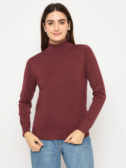 Madame - Turtle Neck Ribbed Cuff Maroon Sweater