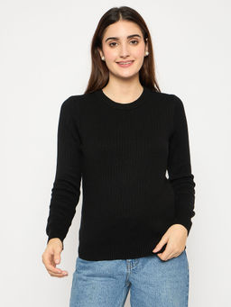 Madame - Ribbed Cuffs Round Neck Black Sweater