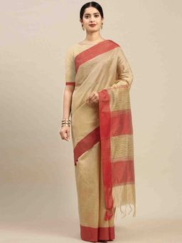 Rajnandini - Womens Beige Cotton Striped Woven Traditional Saree with Unstitched Blouse