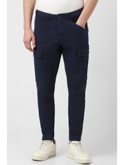 Peter England - Men Navy Blue Solid Jogger Fit Casual Trouser