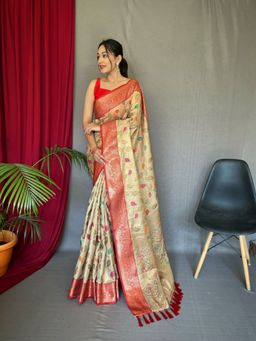 EXCLUSIVA - Beige Woven Banarasi Saree with Unstitched Blouse