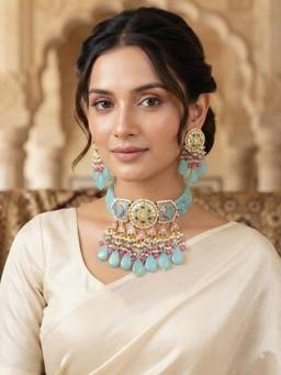 PINKCITY CRAFT - Teal Meenakari Kundan Jewellery Set With Pearl Beads & Drop Stones
