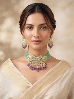 PINKCITY CRAFT - White Firoza Meenakari Kundan Jewellery Set With Onyx Beads