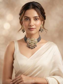 PINKCITY CRAFT - White Meenakari Jewellery Set With Onyx Beads & Stone Drops