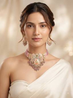 PINKCITY CRAFT - White Meenakari Kundan Jewellery Set With Onyx Beads