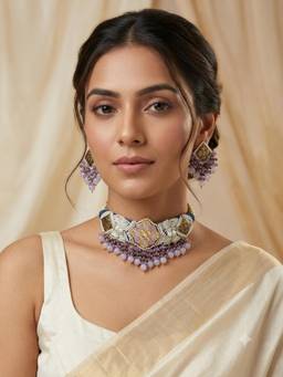 PINKCITY CRAFT - Lavender Quartz Floral Patwa Meenakari Jewellery Set