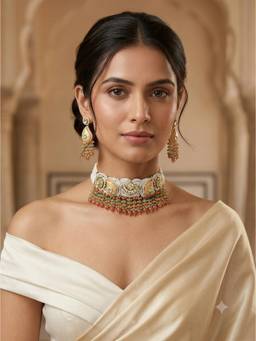 PINKCITY CRAFT - White Patwa Floral Medallion Meenakari Jewellery Set