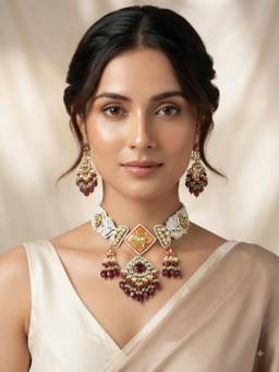 PINKCITY CRAFT - White Ruby Cascade Patwa Craft Meenakari Jewellery Set