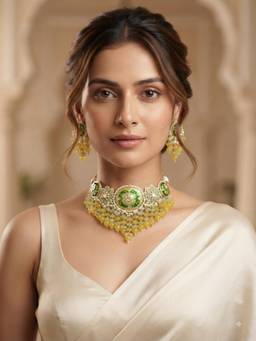 PINKCITY CRAFT - White Meenakari Polki Floral Jewellery Set With Onyx Beads & Quartz Drops