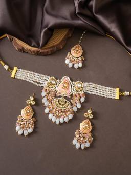 PINKCITY CRAFT - White Royal Rajasthani Meenakari Jewellery Set With Kundan