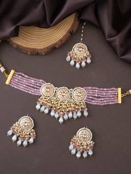PINKCITY CRAFT - White Handcrafted Pastel Pink Meenakari Jewellery Set