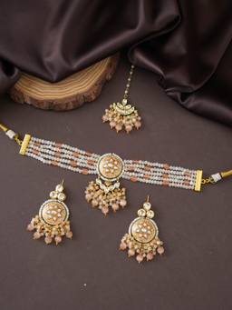 PINKCITY CRAFT - White Handcrafted Meenakari Jewellery Set With Kundan Motifs