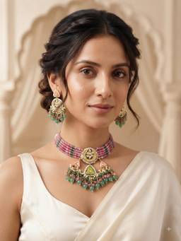 PINKCITY CRAFT - White Kundan Meena Jewellery Set With Hand-Painted Lakh