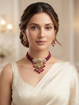 PINKCITY CRAFT - White Meenakari Kundan Jewellery Set With Pearl Accents & Bead Drops
