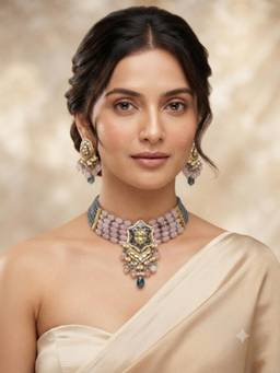 PINKCITY CRAFT - White Meenakari Jewellery Set With Onyx Beads & Quartz Drops