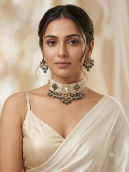 PINKCITY CRAFT - White Larvikite Uncut Polki Patwa Meenakari Jewellery Set